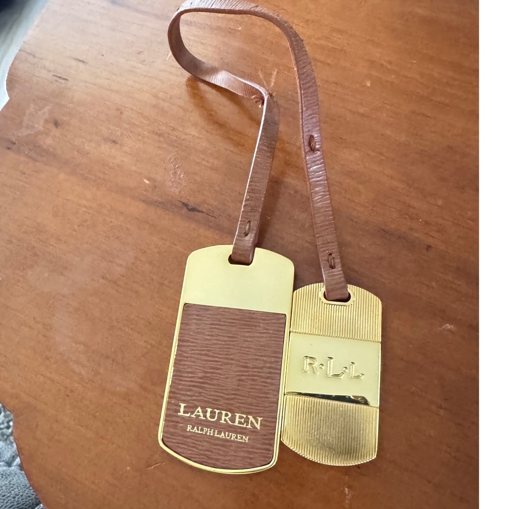 Lauren Ralph Lauren Luggage Tags Gold Brown Leather 2 Piece
Set connected EUC - Picture 4 of 11